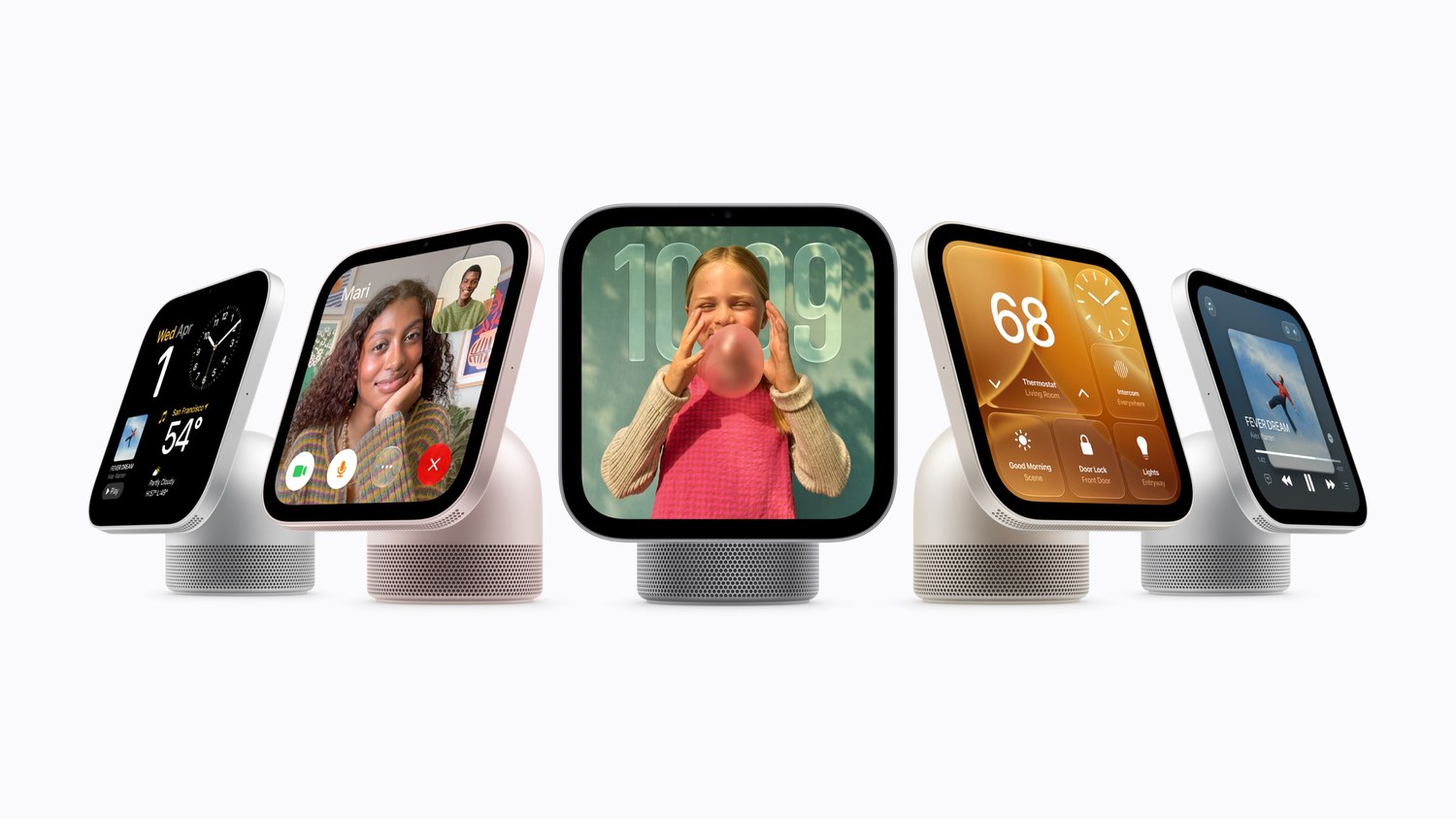 Five Apple HomeView screens in different colors stand in a row, showing a FaceTime call and a girl blowing a bubble-gum bubble.