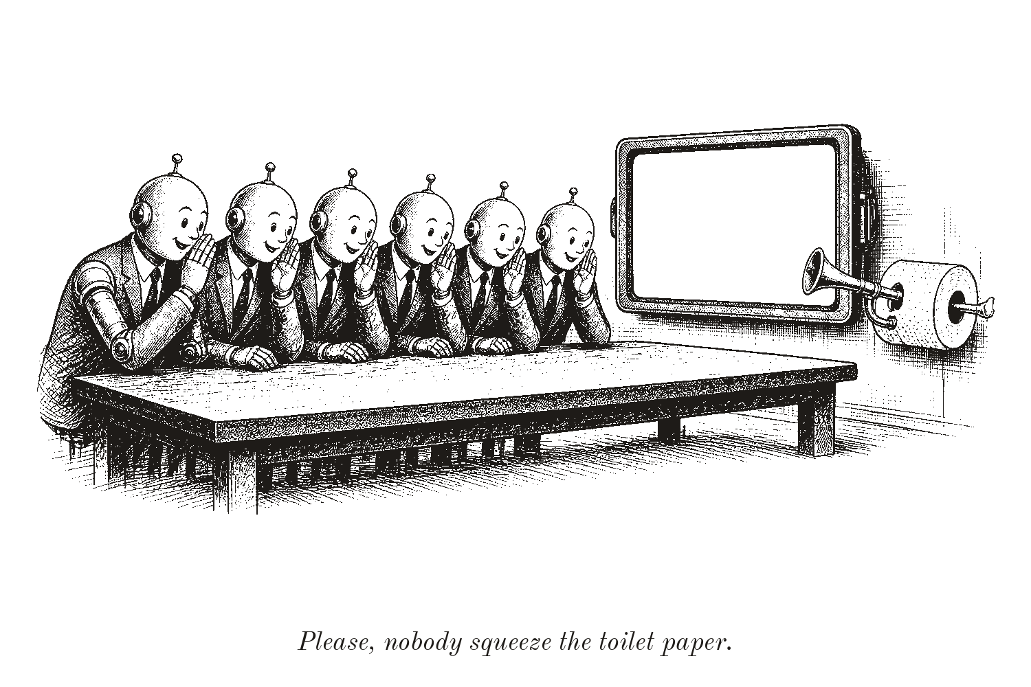 Six round-headed cartoon robots in suits lean together whispering at a long boardroom table, unaware of a roll of toilet paper on the wall beside a blank TV with a tiny ear trumpet poking out of it.