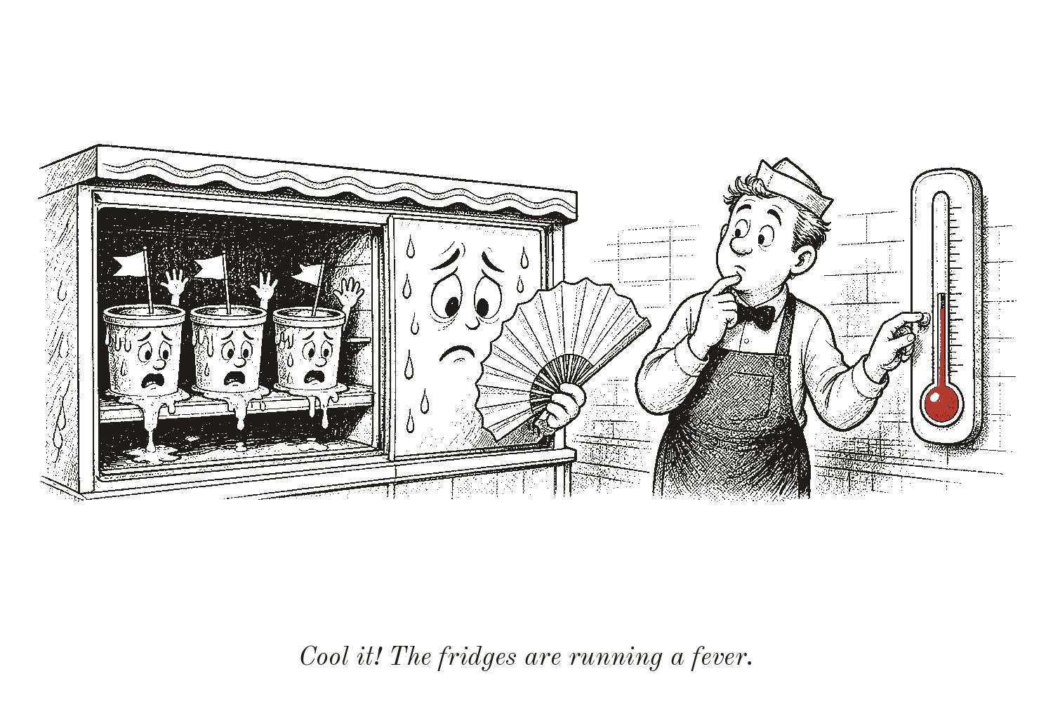 A sweating, worried shop fridge fans itself while melting ice-cream tubs inside wave tiny white flags, and a shopkeeper in a paper hat looks puzzled at a wall thermometer with a red bulb.